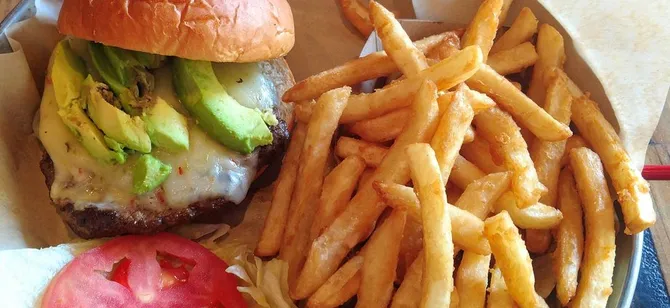 May contain: examples of dishes served in the Sur Burger restaurant, interior or exterior of Sur Burger restaurant