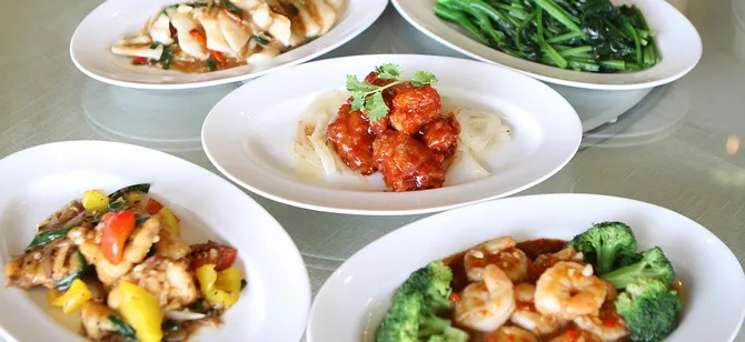 May contain: examples of dishes served in the Chef Kwan's restaurant, interior or exterior of Chef Kwan's restaurant