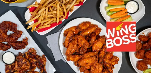 May contain: examples of dishes served in the Wing Boss - NY-6118 restaurant, interior or exterior of Wing Boss - NY-6118 restaurant