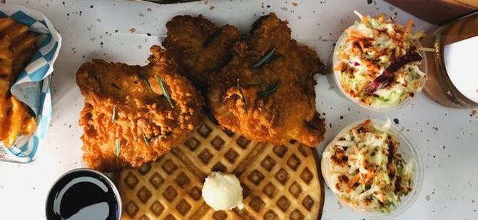 May contain: examples of dishes served in the Monty's Chicken & Waffles restaurant, interior or exterior of Monty's Chicken & Waffles restaurant