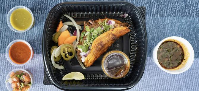 May contain: examples of dishes served in the Tacos Panchito - 6th St restaurant, interior or exterior of Tacos Panchito - 6th St restaurant